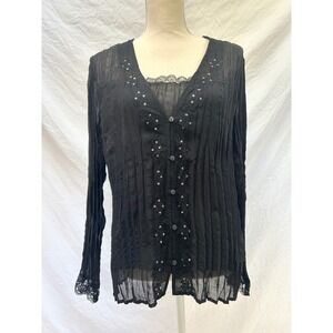 Notations Blouse XL Black Sheer Long Sleeve Lace Sequin Button Down Top Witchy